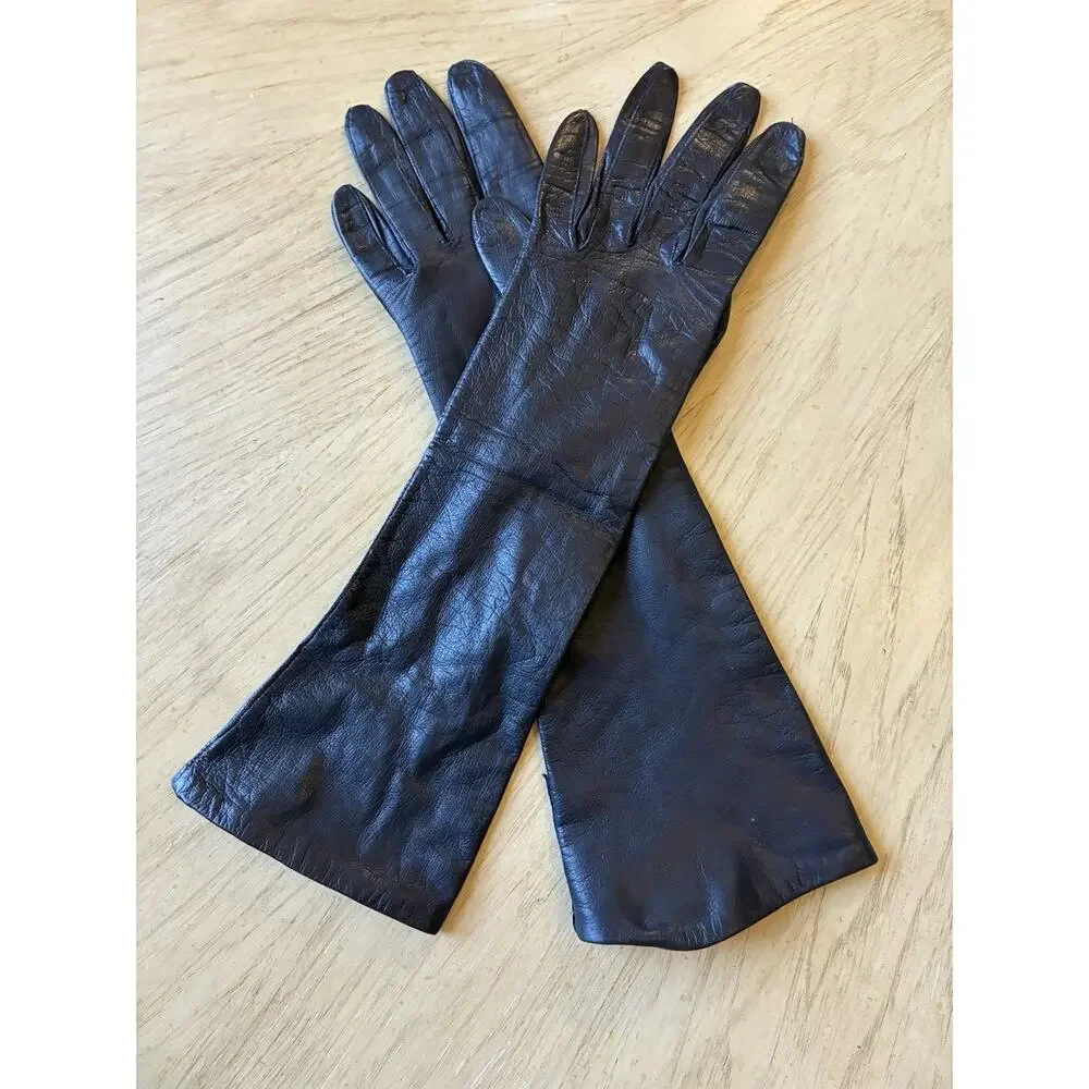 Vtg 50s Black REAL KIDSKIN Leather Gloves Sz 7 Belgium Opera Silk Lined Long 14”